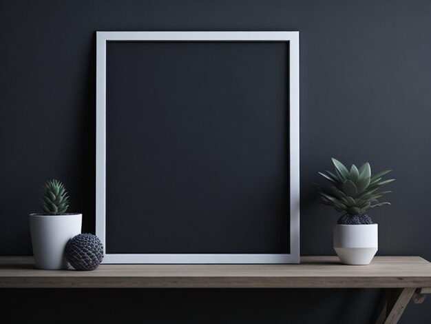 Foto mock up foto frame zwarte muur gemonteerd op de houten plank zachte achtergrond 3d rendering