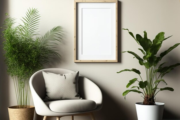 A mock up frame in a background of a homes interior a beige room with natural wood furnishings