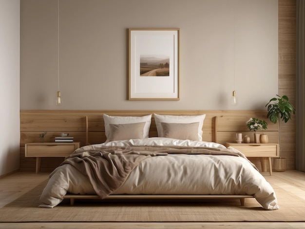 自然木製の家具を備えたベージュ色の背景のベッドルームのベッドルーム内装のモックアップフレーム