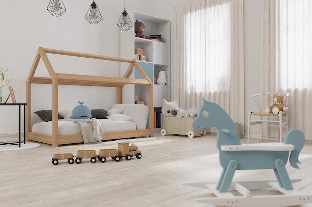 Mock up frame in boy nursery with natural wooden furniture, 3D render