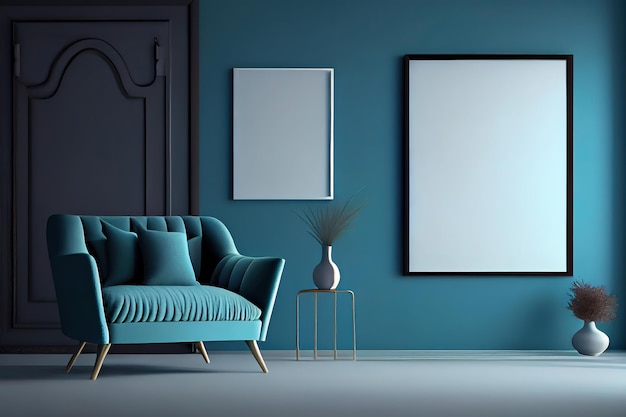 The mock up frame canvas and furniture design are set against a blue wall in a modern environment