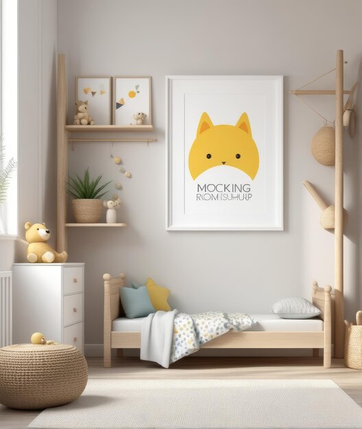 Mock up frame in children room with natural wooden furniture 3D render