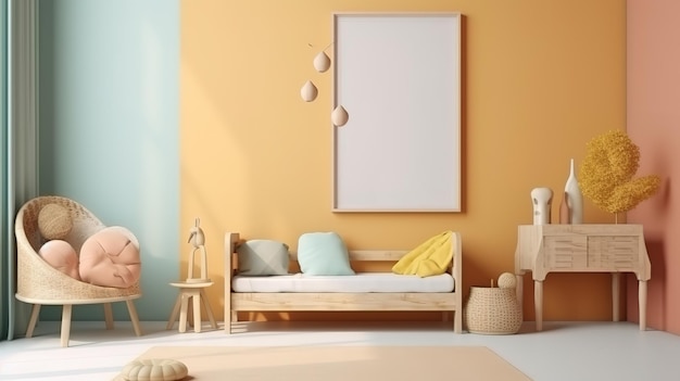 Mock up frame in children room with natural wooden furniture generative ai