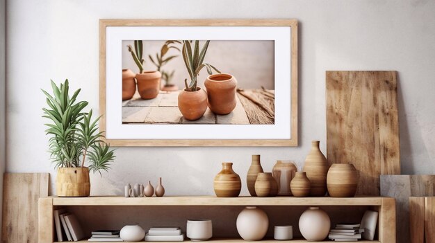 Mock up frame close up in home interior background with plant in vase 3d render