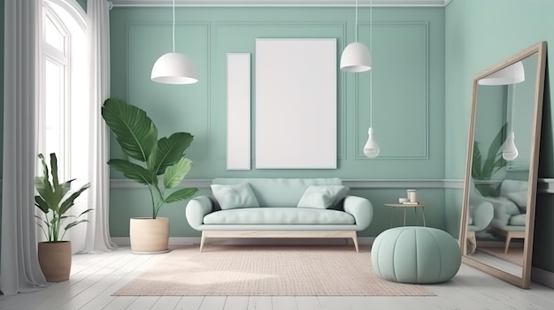 Photo mock up frame in cozy coastal home interior background generative ai