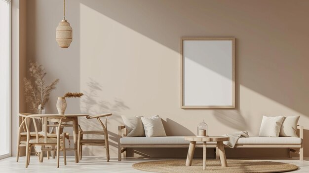 Mock up frame in home interior background beige room with natural wooden furniture Generative Ai