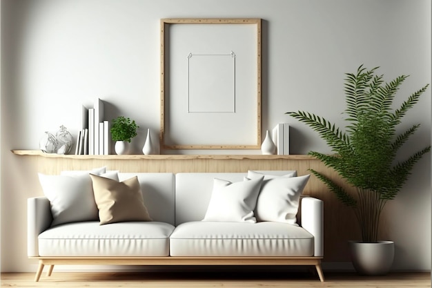 Mock up frame in home interior background beige room with\
natural wooden furniture scandinavian style