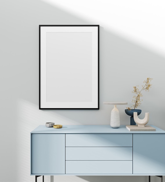 Макет рамы в домашнем интерьере на фоне белой стены с синей мебелью в современном стиле 3d рендеринг