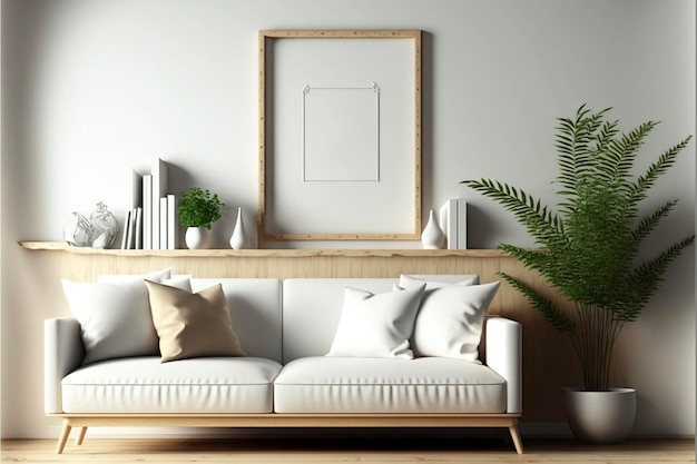 Mock up frame in interieur achtergrond beige kamer met natuurlijk houten meubilair Scandinavische stijl