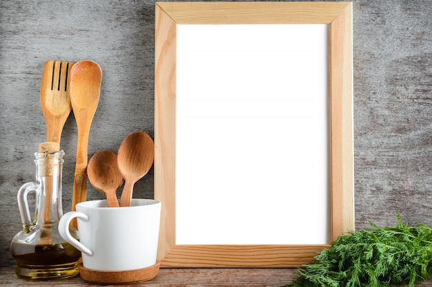 Mock up frame photo utensil and olive oil in kitchen room 