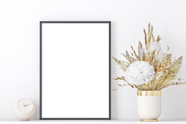 Mock up frame next to a vase with flowers on a shelf