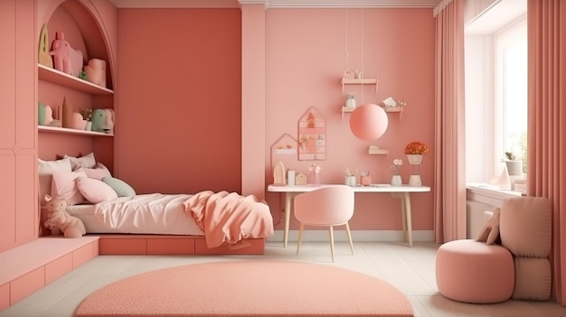Mock up frame in warm colored girl bedroom interior 3D render Generative Ai