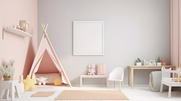 Mock up frame in white cozy children room interior background Generative Ai