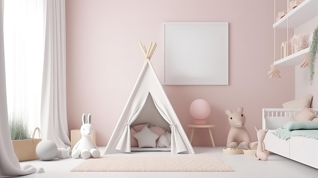 Mock up frame in white cozy children room interior background Generative Ai