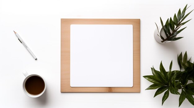 Foto mock up di telaio bianco con spazio di copia su un tavolo di legno bianco