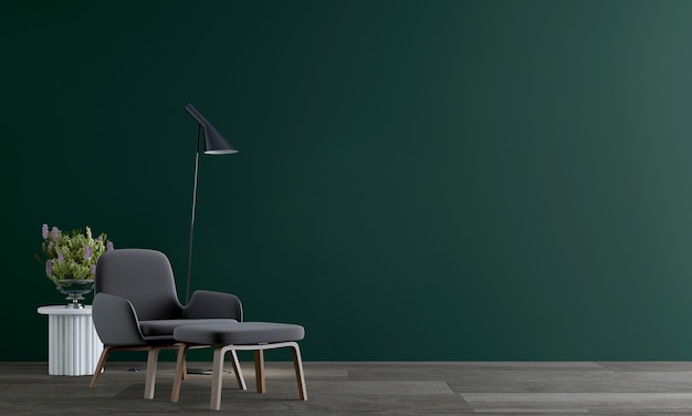 현대적인 인테리어와 녹색 벽 배경, 아늑한 거실의 가구 디자인 모의