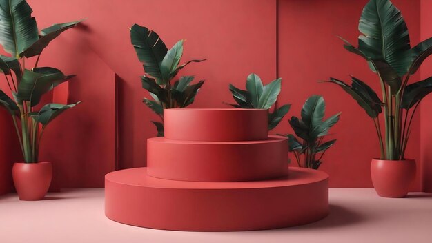 Mock up geometrische vorm rode kleur podium voor productontwerp met bananenbladeren 3d rendering