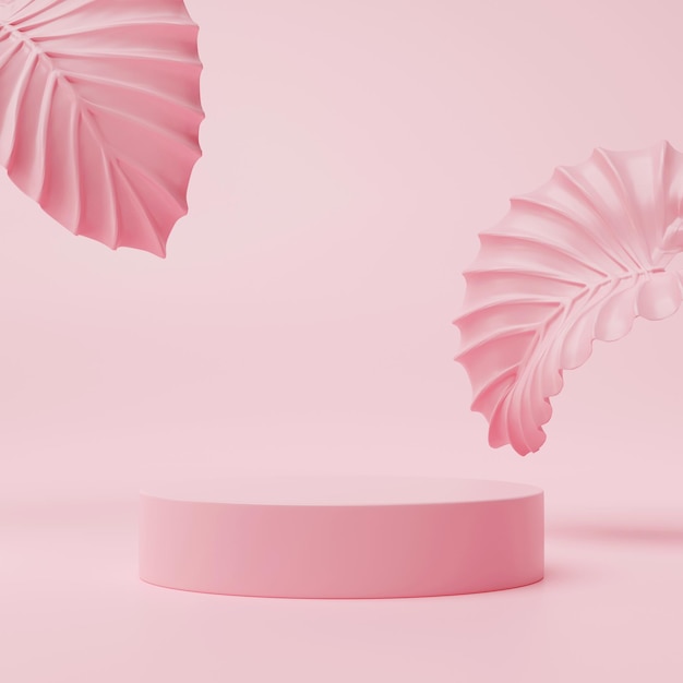 Mock up of geometry podium with surreal pink leaf for product presentation on pink background 3d rendering