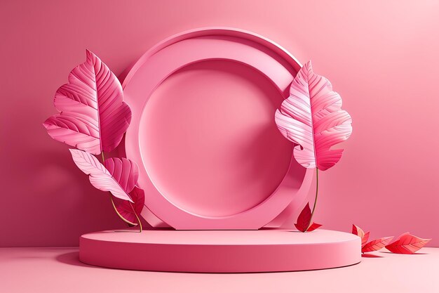 Mock up of geometry podium with surreal pink leaf for product presentation on pink background