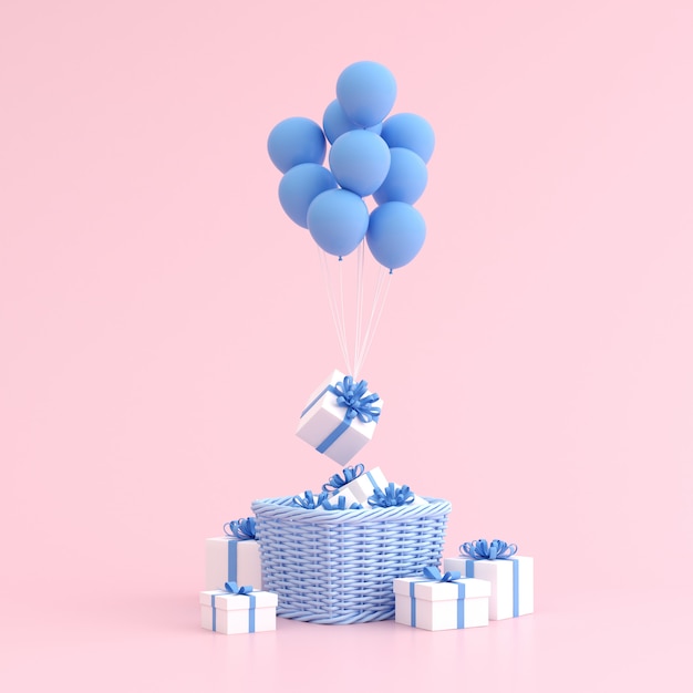 Mock up of gift box in basket and balloons.