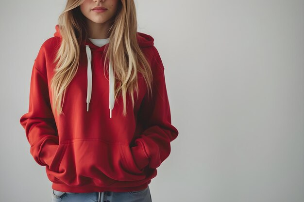 Foto mock up di una ragazza che indossa un cappuccio rosso su uno sfondo bianco concept fashion mockup red hoodie white background studio shoot women39s apparel