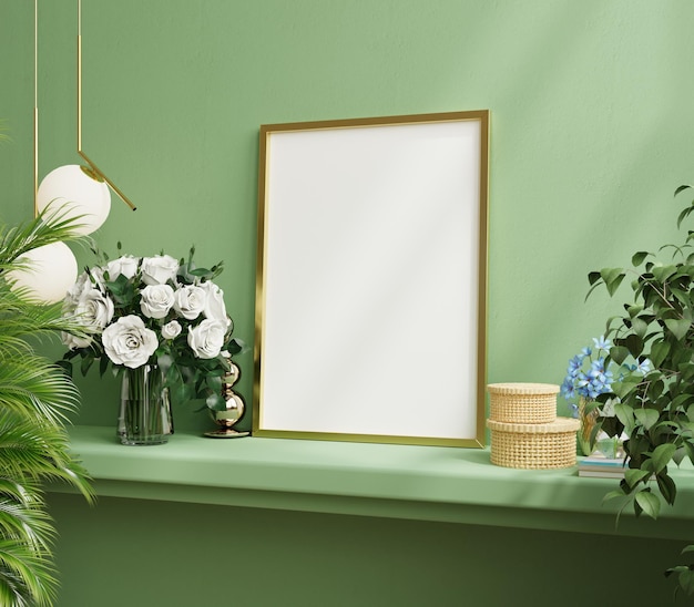 Mock up gold frame on the green shelf with beautiful plants3D rendering