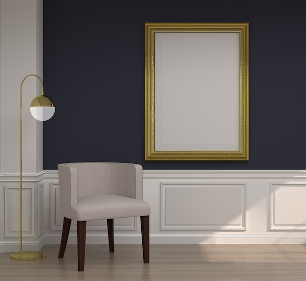 mock up gouden frame witte fauteuil in woonkamer klassieke stijl interieur achtergrond,