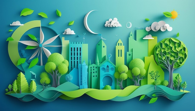 Смоделируйте макет зеленого города с бумажной альтернативной энергией Generative AI