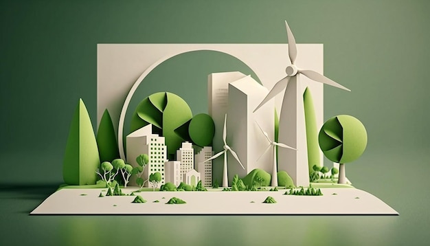 Смоделируйте макет зеленого города с бумажной альтернативной энергией Generative AI