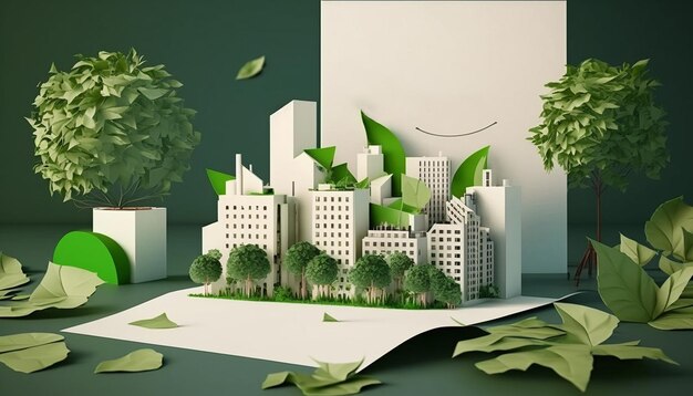 Mock up green city layout with paper alternative energy Generative AI