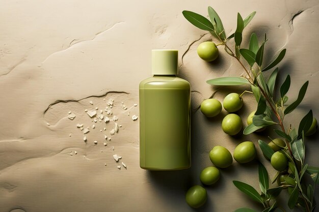 Макет зеленых оливок и оливкового масла с мягкой текстурой, сутью средиземноморской красоты