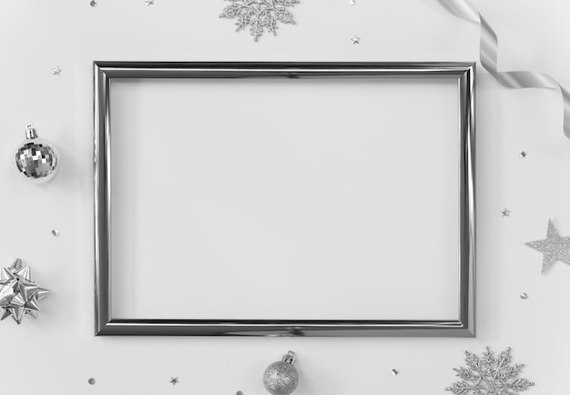 Mock up greeting frame on white  with Christmas decorations and confetti. 