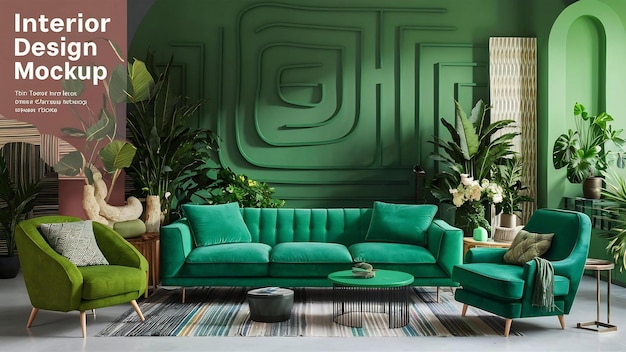 Mock up groene muur met groene bank en decor in de woonkamer