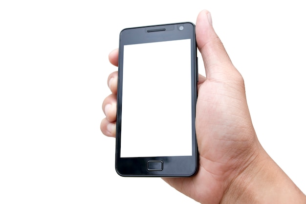 Mock up hand holding smartphone with blank screen on white background