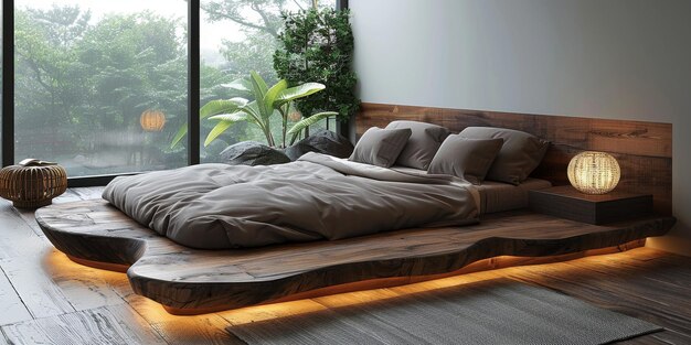 Foto mock up heldere slaapkamer met een comfortabel groot bed en een heldere stijlvolle achtergrond d rendering