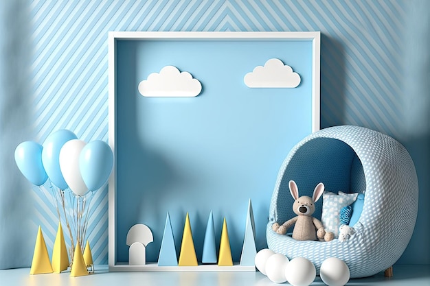 A mock up of a horizontal frame on a blue wall in a fashionable modern kids room