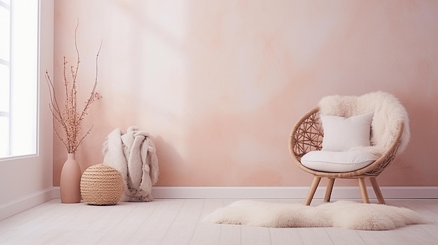 写真 白いアームチェアと木製の家具を備えたスカンディ・ボーホのリビングルームのモックアップ水平フレーム