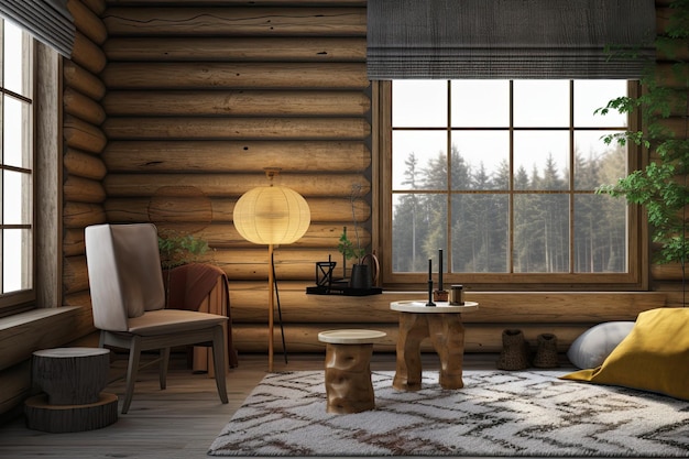 Mock up of a house comfortable interior of a wood cabin