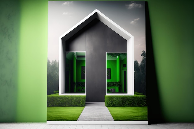 Макет дома с зеленым фоном интерьера