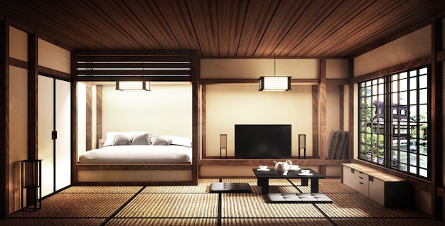 Mock-up - Japanse stijl met meerdere kamers. 3D-rendering