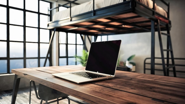 Mock up laptop on loft office desk