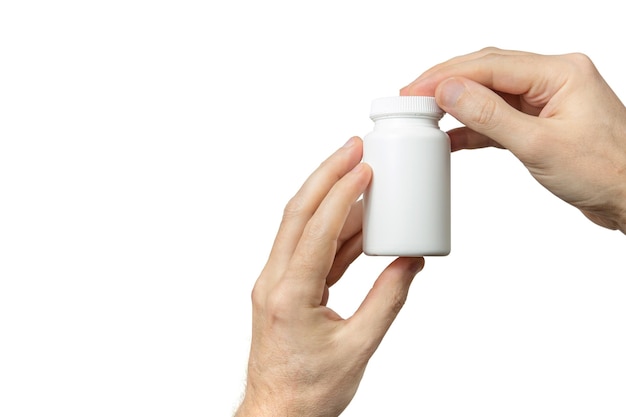 Mock up layout Hands hold plastic container for pills