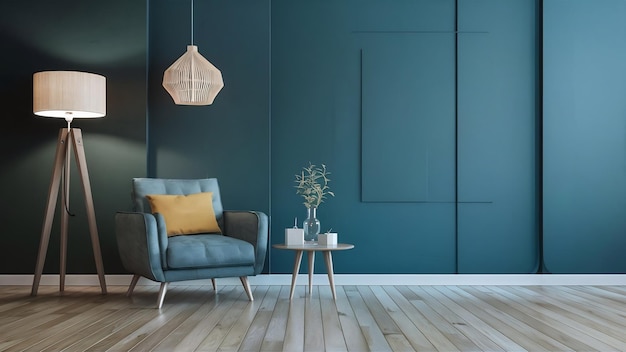 Мокет интерьера гостиной с креслом на пустой темно-синей стене на фоне стены3d рендеринг