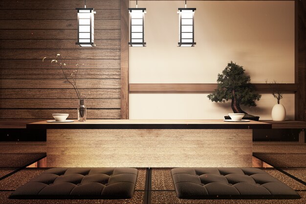 mock up - Living room with lamp, wooden table decoration and bonsai tree. 3D rendering