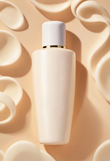 Mock up of luxury white cosmetic bottle with white cap surrounded by flower petals or cream smears