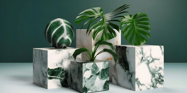 Mock up of marble cubes palm leaves and leaves