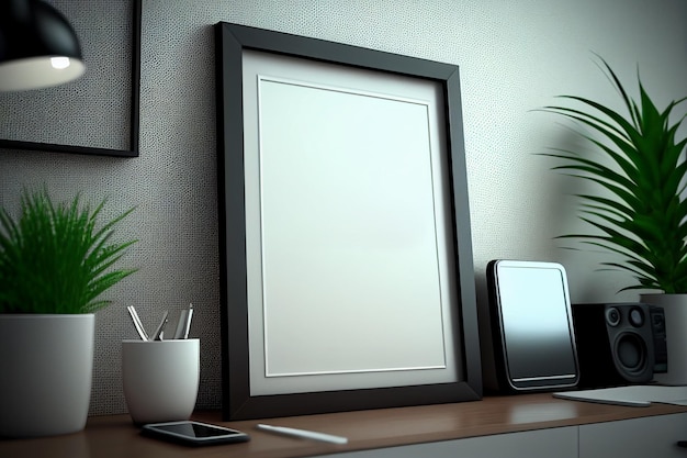 Mock up Minimal wooden picture poster frame mockup in home office Generative AI