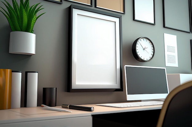 Макет Минимальный макет деревянной рамки постера в домашнем офисе Generative AI