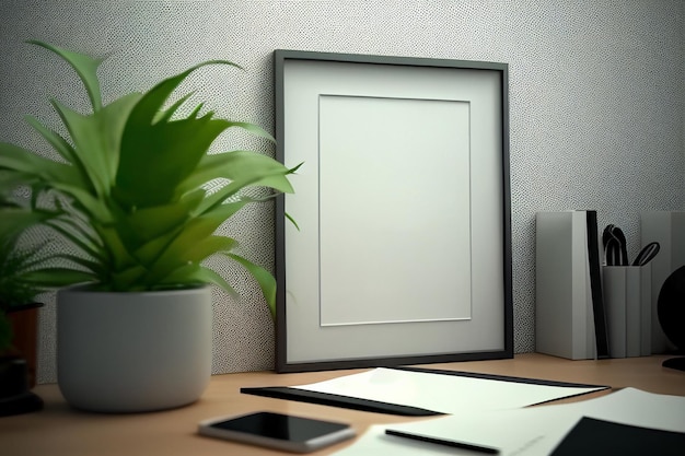 Mock up Minimal wooden picture poster frame mockup in home office Generative AI