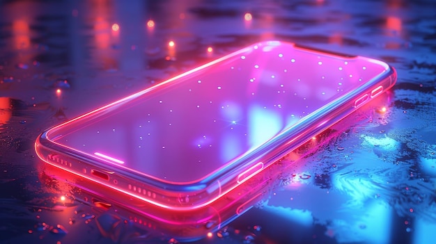 Mock-up mobiele telefoon in een hoek van 90 graden met leeg scherm op tafel of reflectie oppervlak Smartphone is op desktop 3D realistische illustratie van de telefoon met neon vormen op de achtergrond